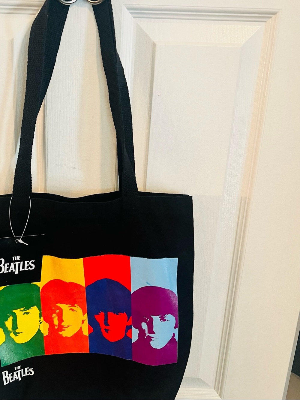 The Beatles Black Messenger Tote with Multicolor Pop Art Faces